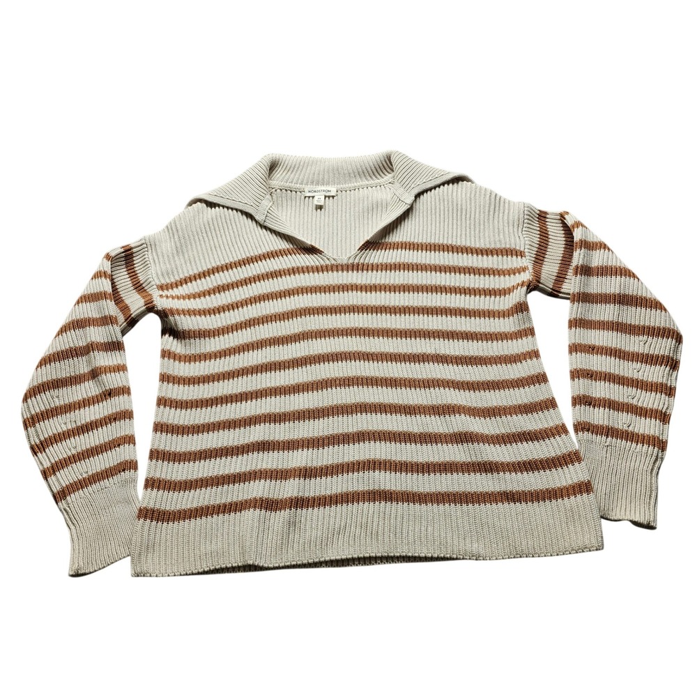 Nordstrom Striped Cotton Shaker Knit V-Neck Collar Sweater Womens XS Cream Brown